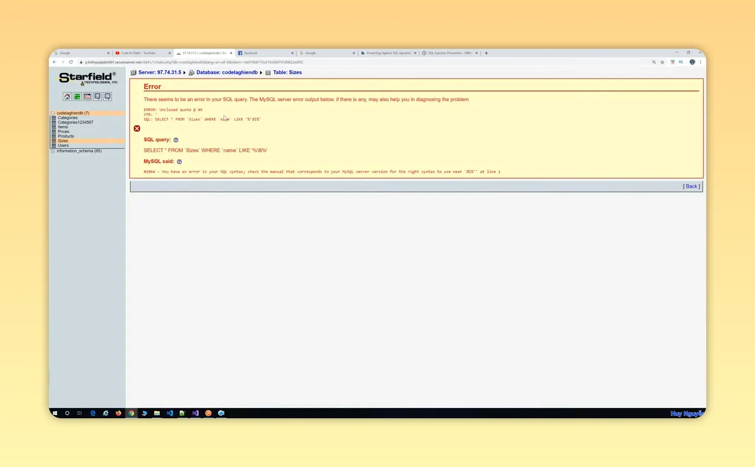 Giao diện phpMyAdmin hiển thị thông báo lỗi truy vấn trên nền vàng
