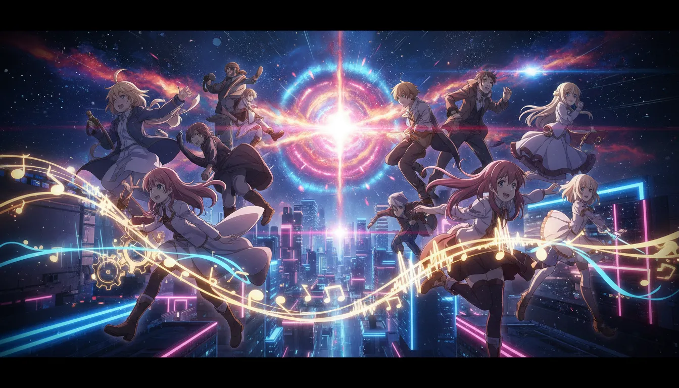 Anime-style opening montage with silhouetted characters, glowing musical notes and soundwaves, and a cosmic supernova merging into a neon city skyline