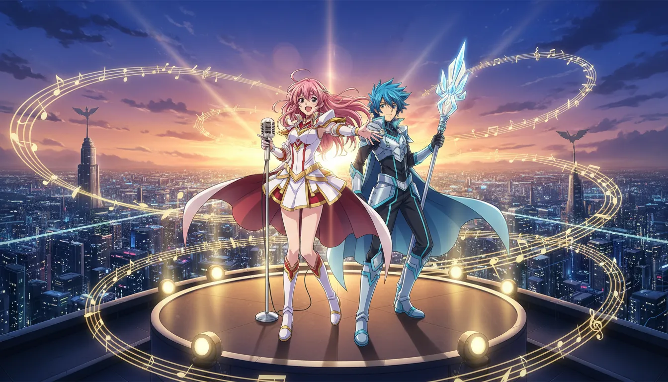 Anime-style cinematic rooftop scene of two idol performers with subtle guardian armor, glowing musical light ribbons rising over a twilight city skyline, evoking the 'Singing Over' ending and themes of hope and dual identity.