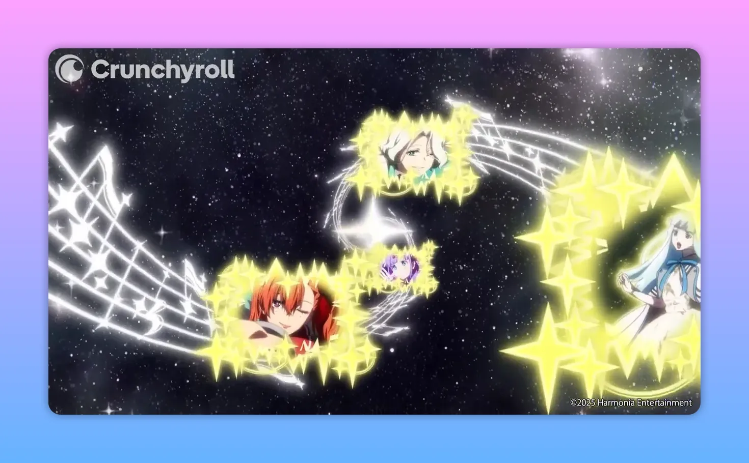 White musical staff and notes with star-shaped frames containing SI‑VIS members set against a starry background.