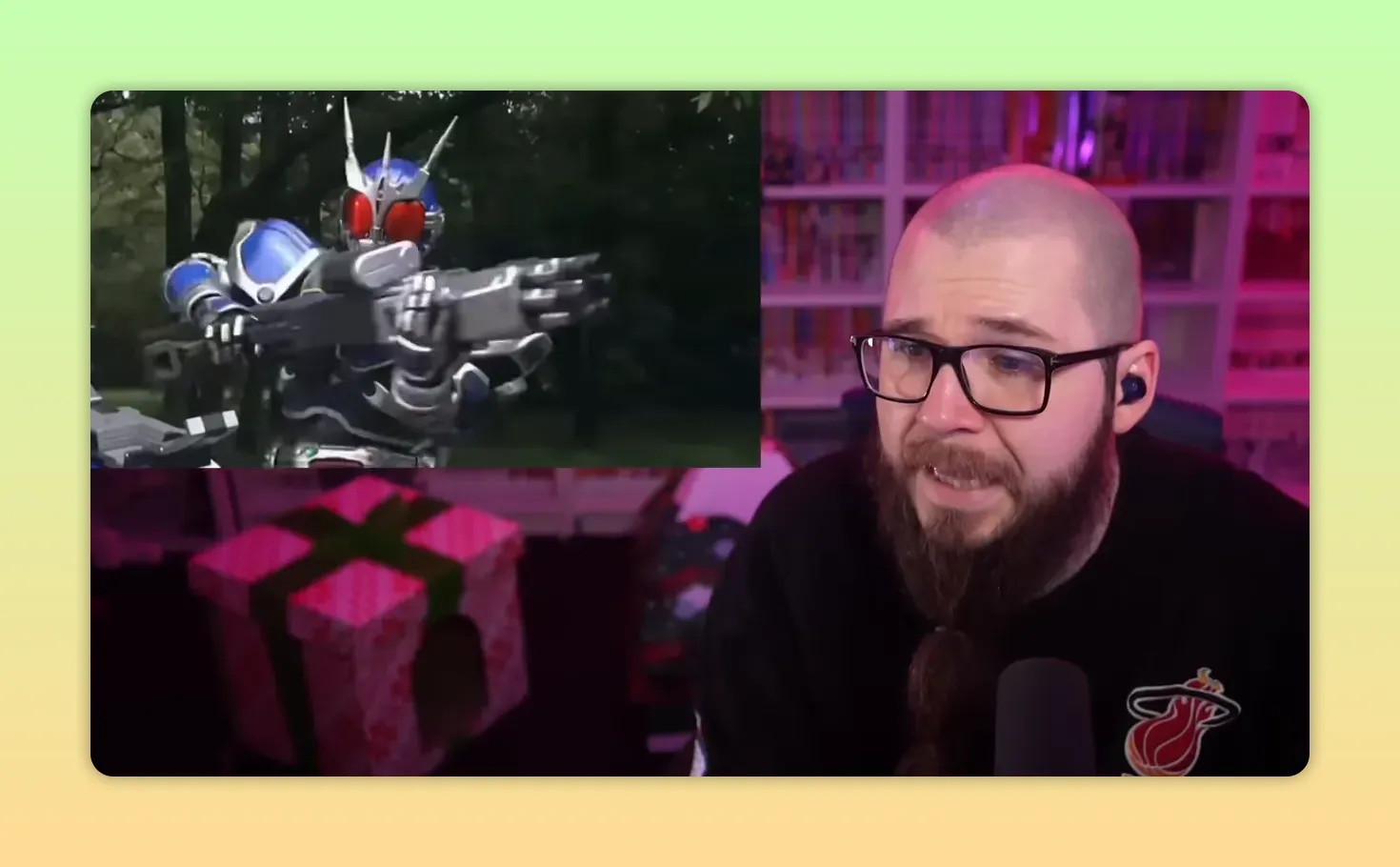 full-body shot of an armored rider aiming a large firearm-like weapon, highlighting helmet crest and widened silhouette alongside a reaction overlay