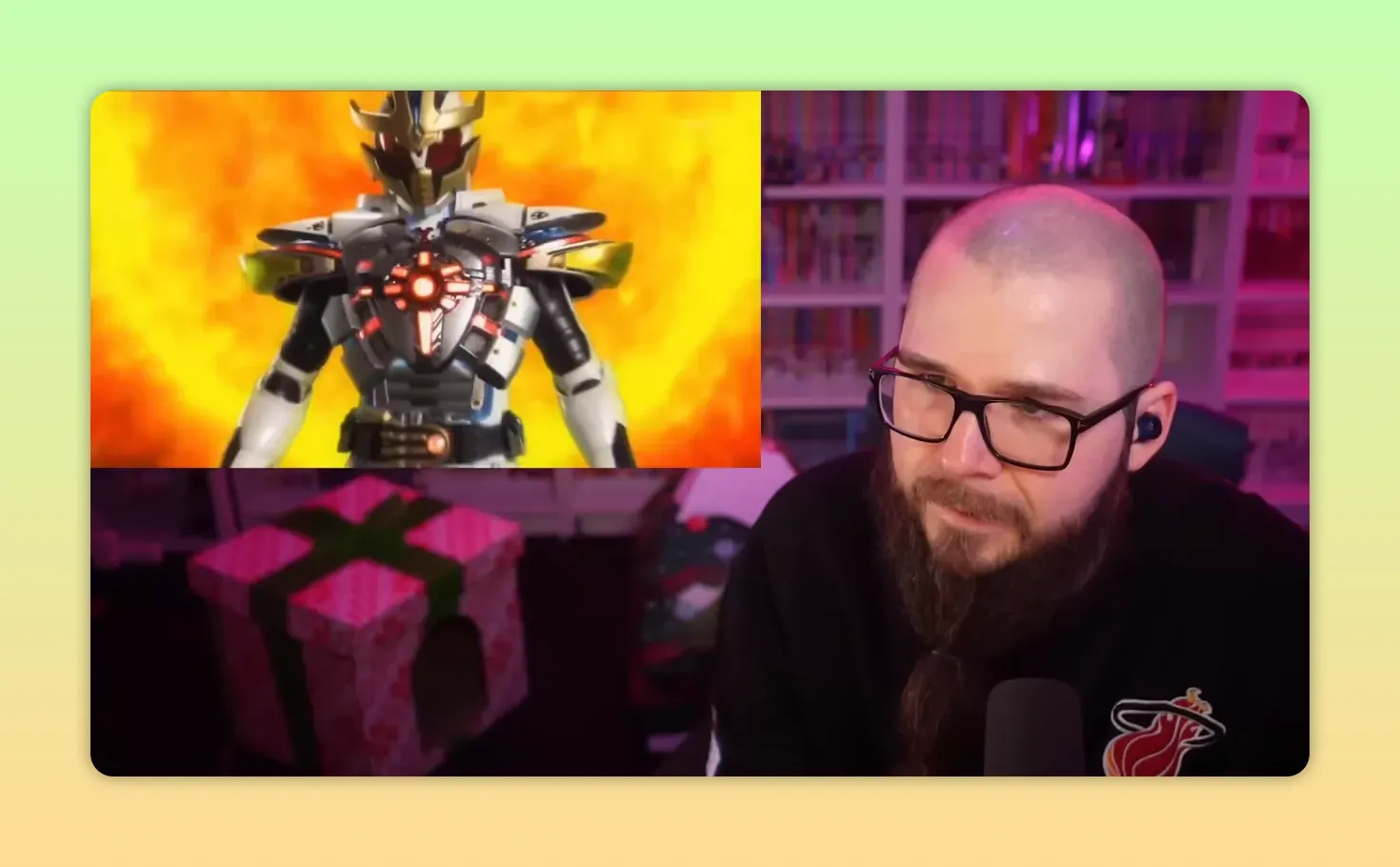 White-and-gold Kamen Rider final form, full torso visible with a central glowing chest emblem against a warm orange backdrop.