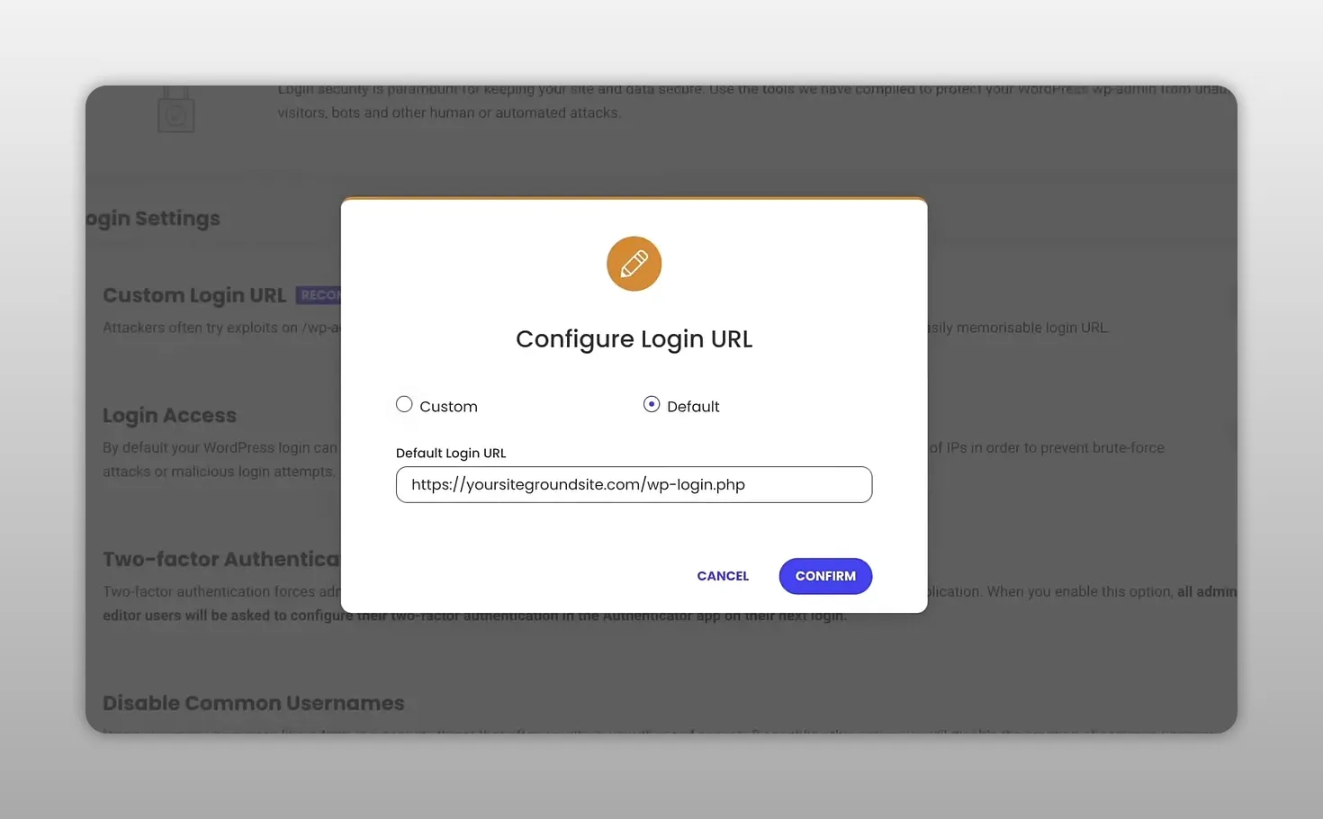 Cửa sổ cấu hình đường dẫn đăng nhập tùy chỉnh trong Security Optimizer