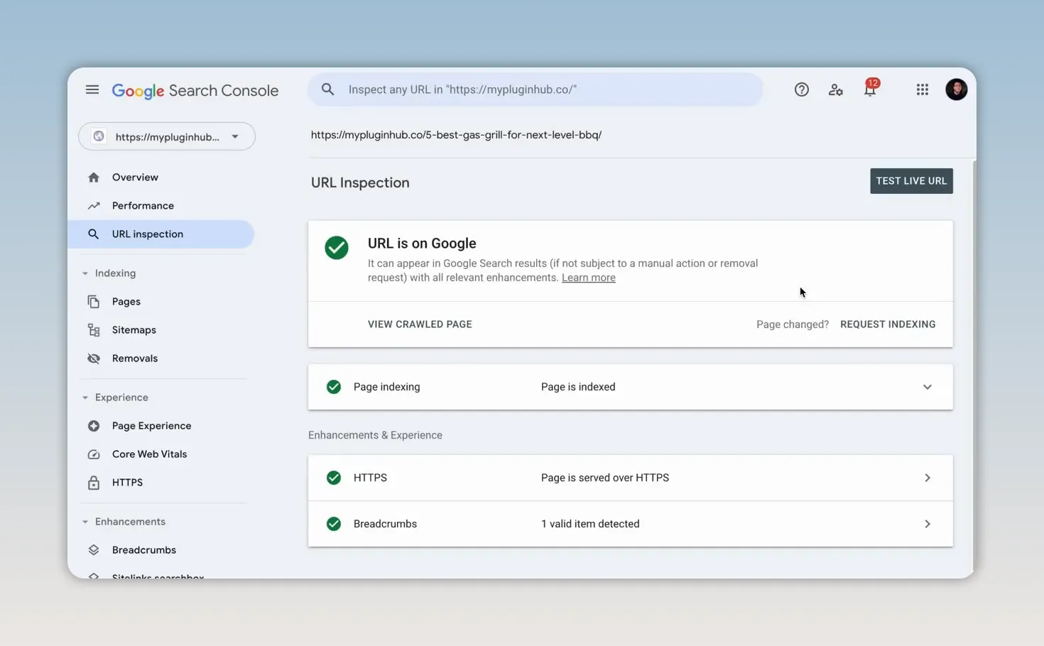 Giao diện kiểm tra URL trong Google Search Console hiển thị URL đang có trên Google