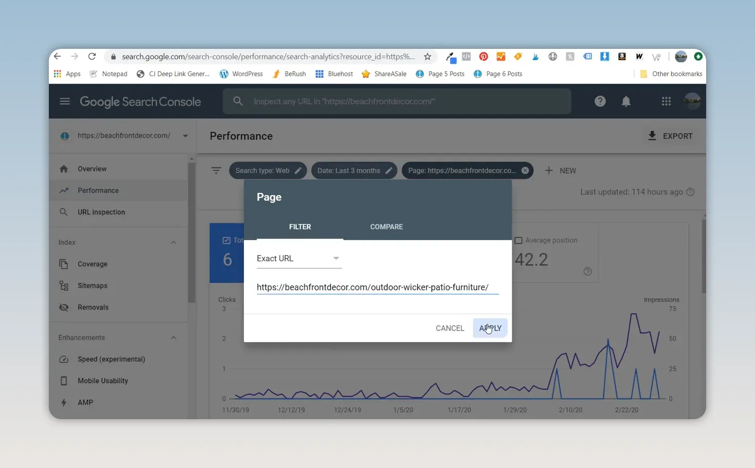 Báo cáo Hiệu suất trong Google Search Console hiển thị lượt nhấp và lượt hiển thị của một trang