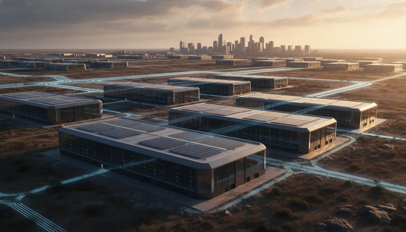Cinematic view of a futuristic hyperscale data center on the outskirts of Abilene, Texas, symbolizing emerging AI infrastructure
