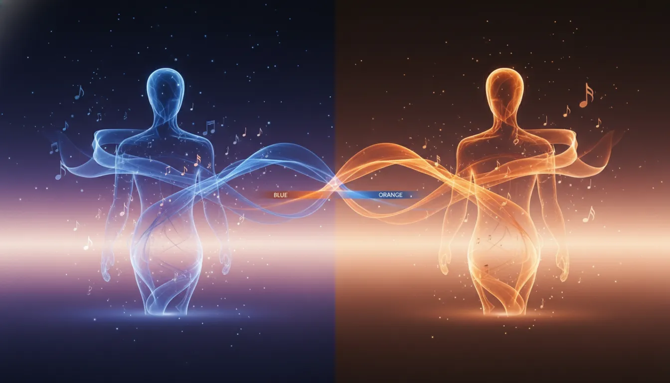 Abstraktní vizuální znázornění hudby a emocí s proudícími světelnými vlnami a zvukovými motivy v moderním technologickém stylu