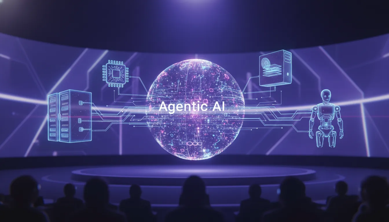 Cinematic futuristic scene showing agentic AI represented by a holographic network connecting data centers, a next-gen CPU, a personal computer, and a robot
