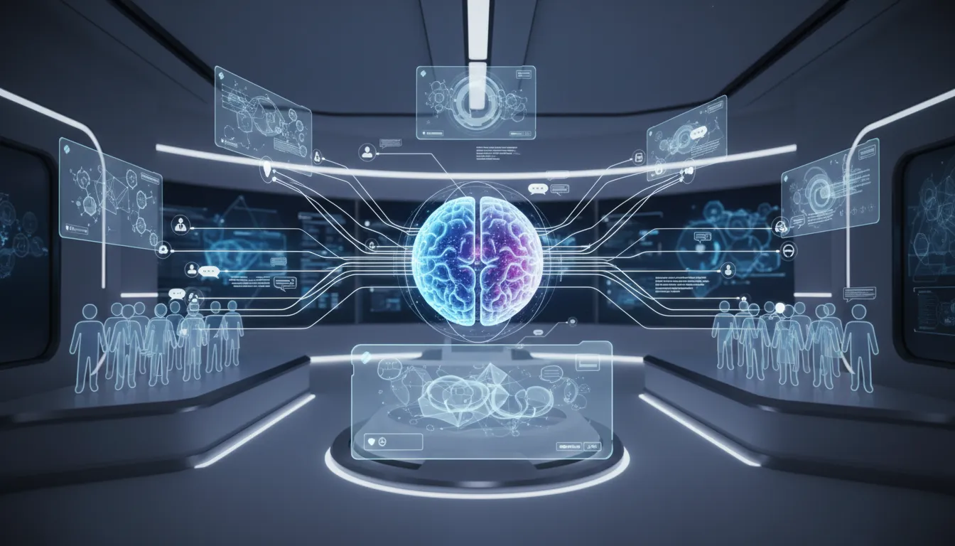 Holografická scéna next-gen Agentic AICC v enterprise kontaktním centru znázorňující konverzaci, kontext a automatizované akce bez textu