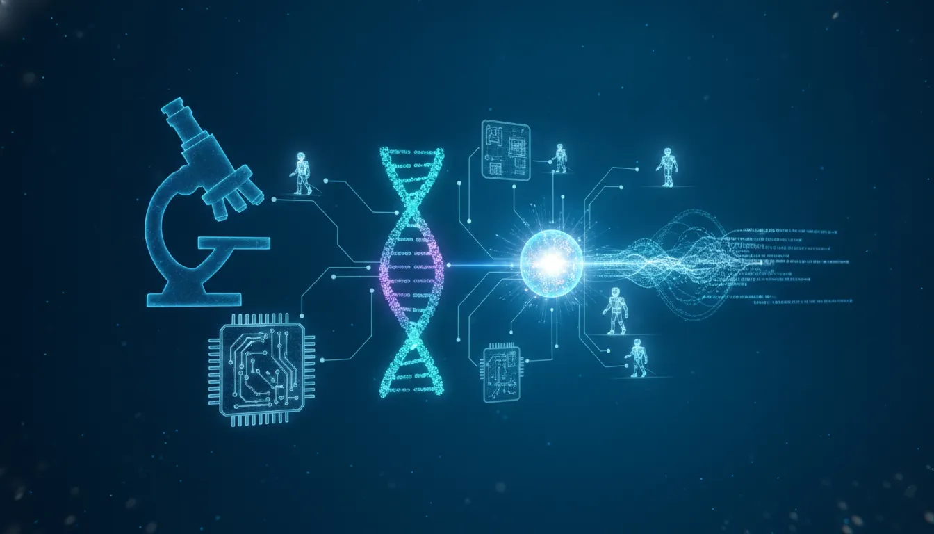 Ilustrační obrázek znázorňující agentickou AI pro biovědy propojující DNA, laboratorní zařízení a tok dat do centra vědeckého výzkumu