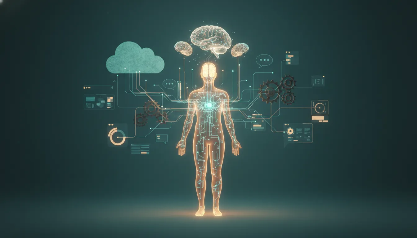 Ilustrace lidské siluety s obvodem a „druhým mozkem“ symbolizující agentické systémy, přítomnost a propojení bez textu.