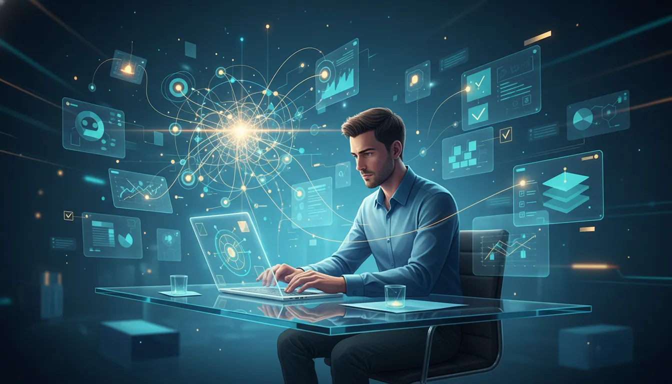 AI agent network assisting a person with everyday knowledge work—documents organizing, charts assembling, and information flowing in a modern workspace, no text.