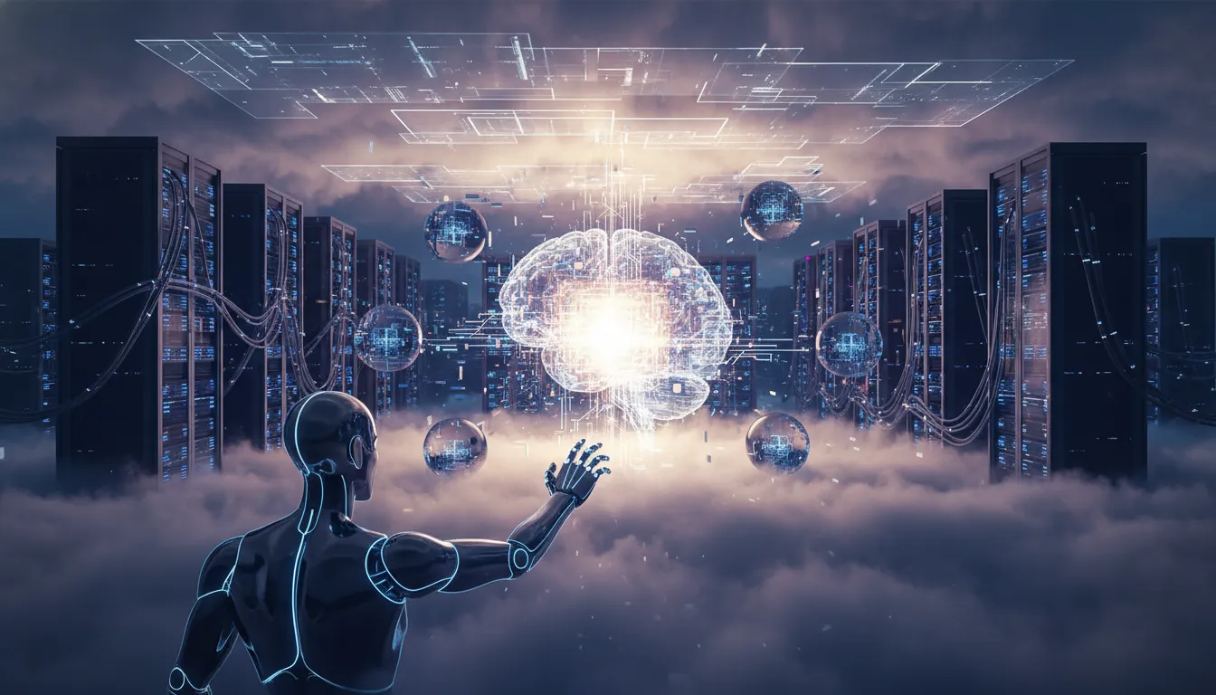 Cinematic illustration of AI agents, data center computing, cloud infrastructure, and a humanoid robot converging around a glowing central AI core, with no text.