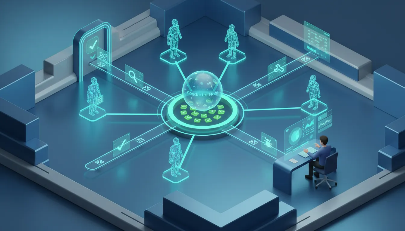 Ilustrace AI agentů ServiceNow autonomně zpracovávajících většinu tiketů: digitální karty proudí do vyřešené zóny s kontrolkami, malá část směřuje k lidskému inženýrovi pro eskalaci.