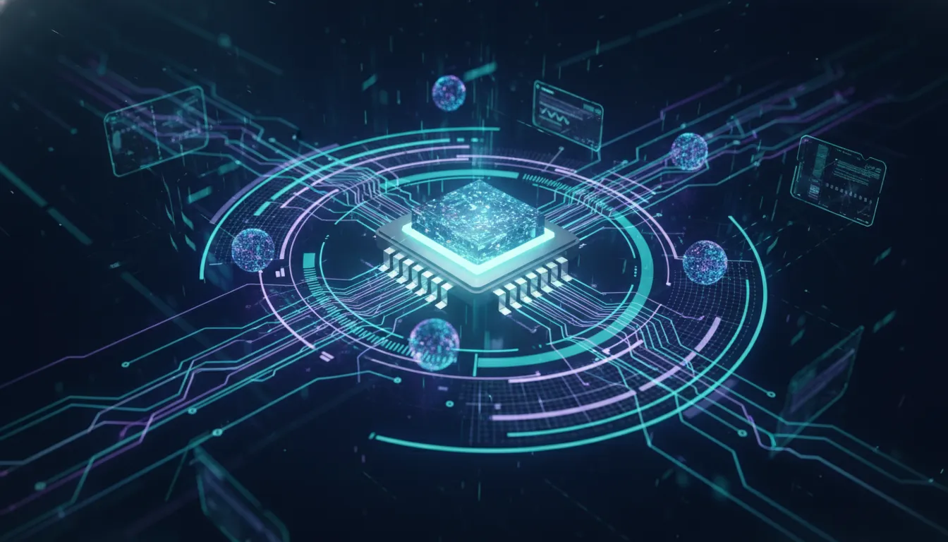 Futuristic visualization of AI agents accelerating RTL chip verification with holographic simulation loops and data connections around a glowing microchip.