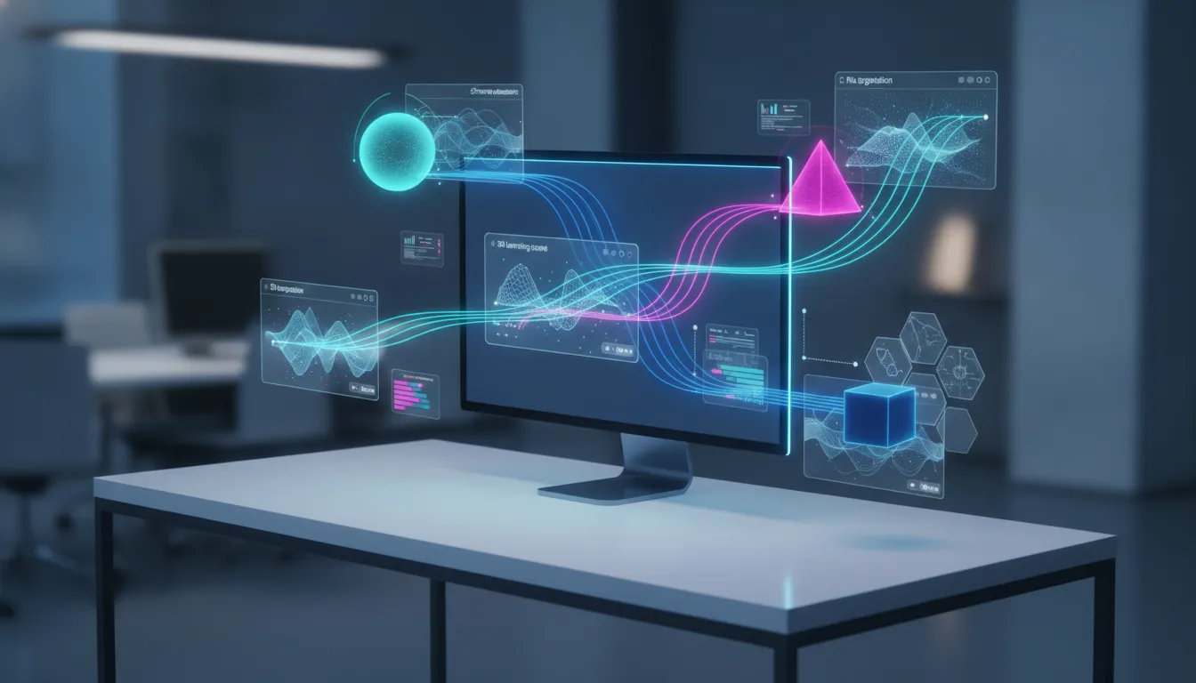 Ilustrace více AI agentů pracujících souběžně na různých projektech v futuristickém desktopovém prostředí bez textu.