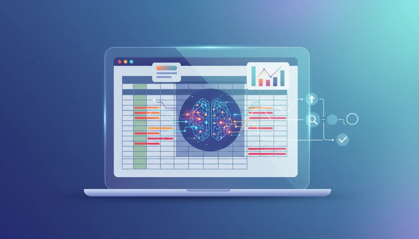 Ilustrace AI asistenta analyzujícího a upravujícího data v tabulce s grafy, bez textu