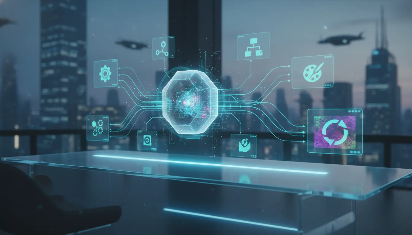 Holografický AI asistent propojený s aplikacemi na Macu a znázorněním opakovatelných úkolů, bez textu.