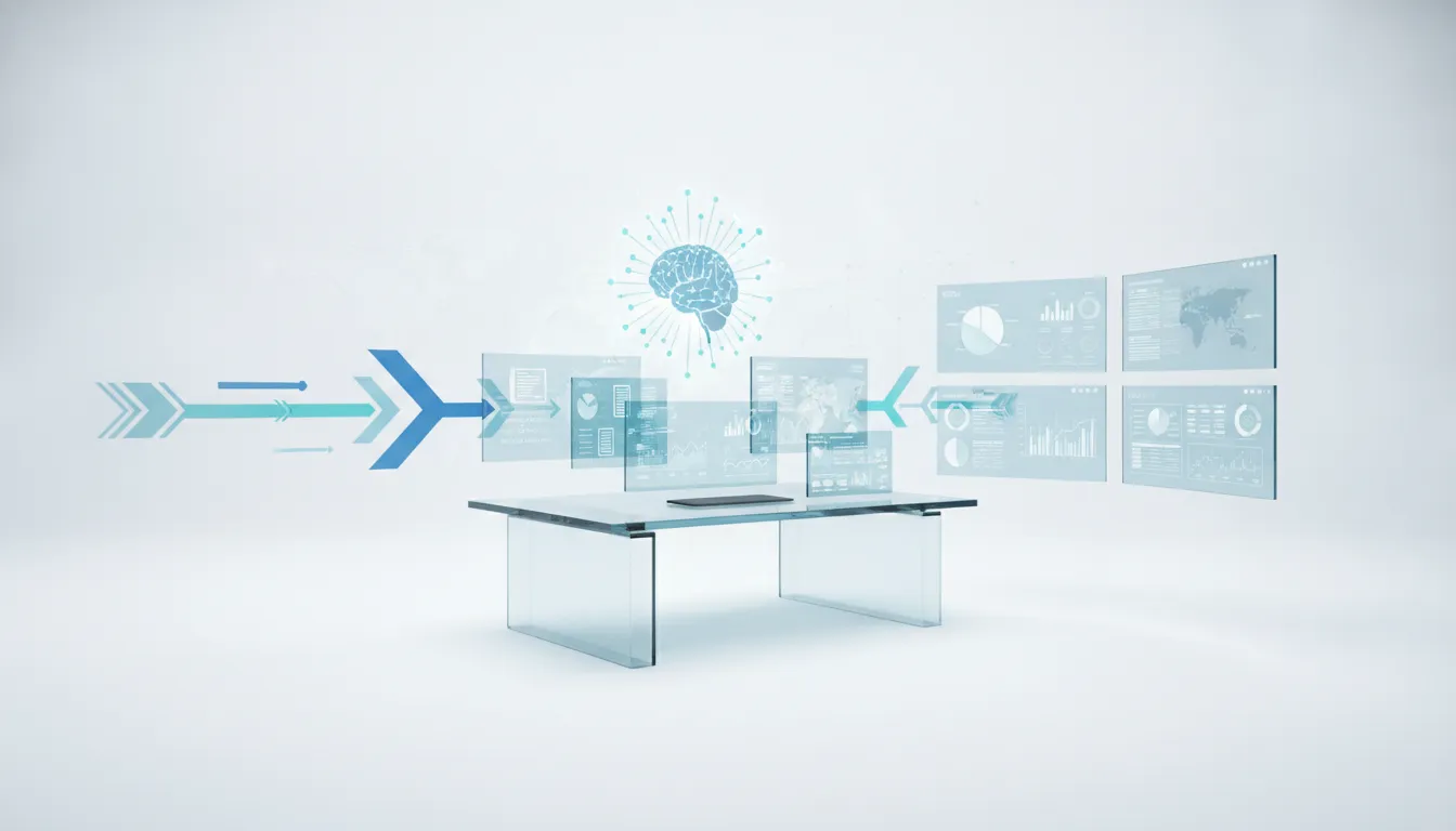 Ilustrace AI asistující investiční výzkum s holografickými daty a propojeným analytickým workflow bez textu.