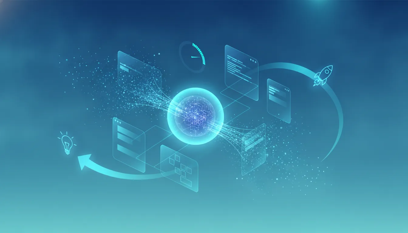 Illustration of AI-assisted app development with an efficient workflow showing reduced computational load and faster progress, using abstract icons and glowing network elements with no text.