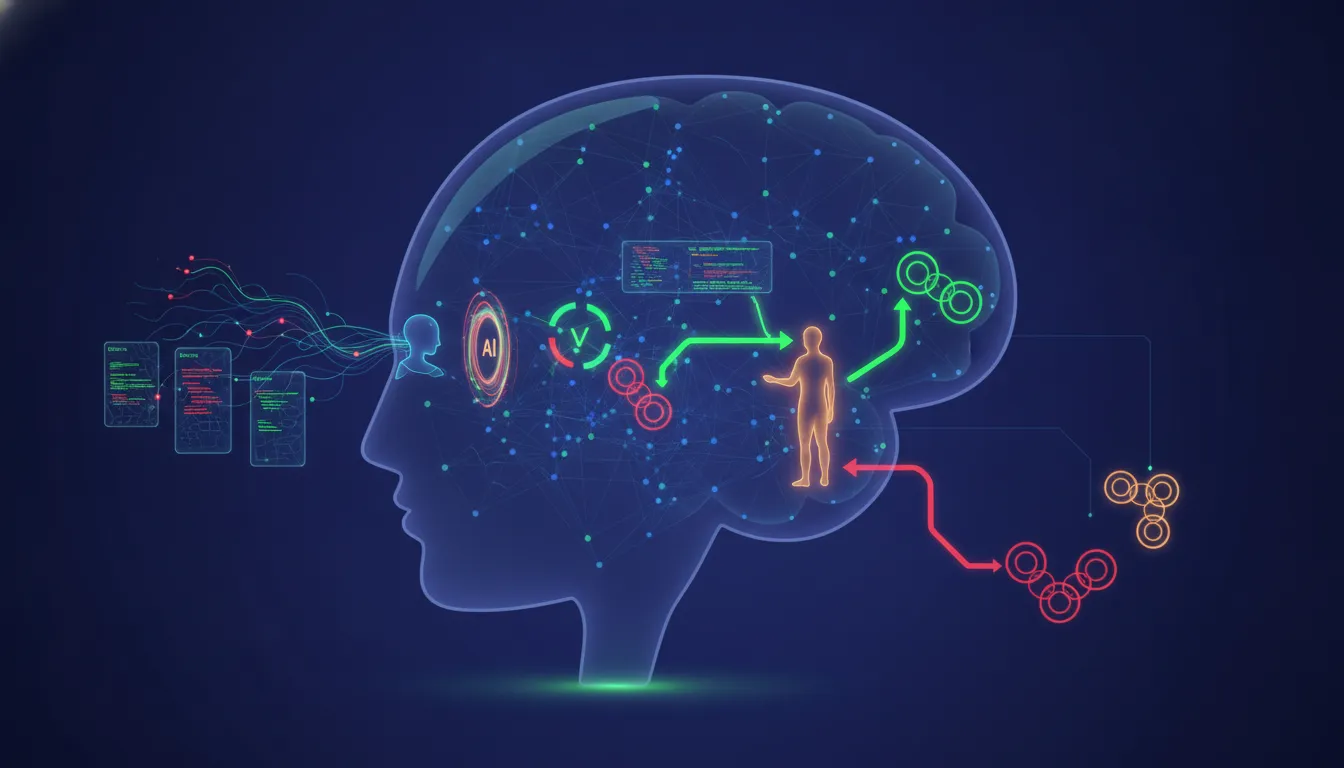 Ilustrace moderního procesu AI revize kódu: dvě inteligence kontrolují změny a člověk rozhoduje mezi variantami v propojeném systému modulů bez textu.