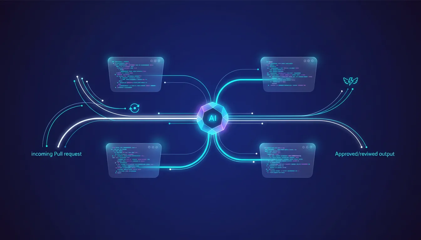 Abstraktní ilustrace rychlého AI code review: centrální AI jádro propojené světelnými linkami s kódovými panely a plynoucím tokem zpětné vazby.