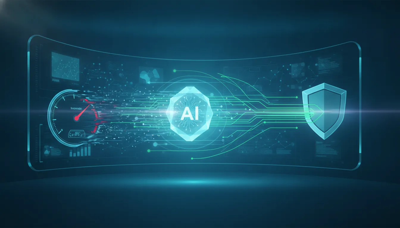 Futuristic cybersecurity operations scene with AI agent and accelerating shield icon indicating a major reduction in threat response time, shown through motion and energy streaks with no text.