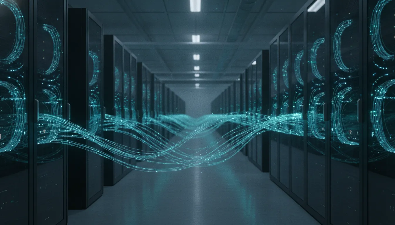 Photorealistic view of an AI data center with glowing optical fiber connections between server racks representing high-speed Spectrum-X Ethernet photonics infrastructure.
