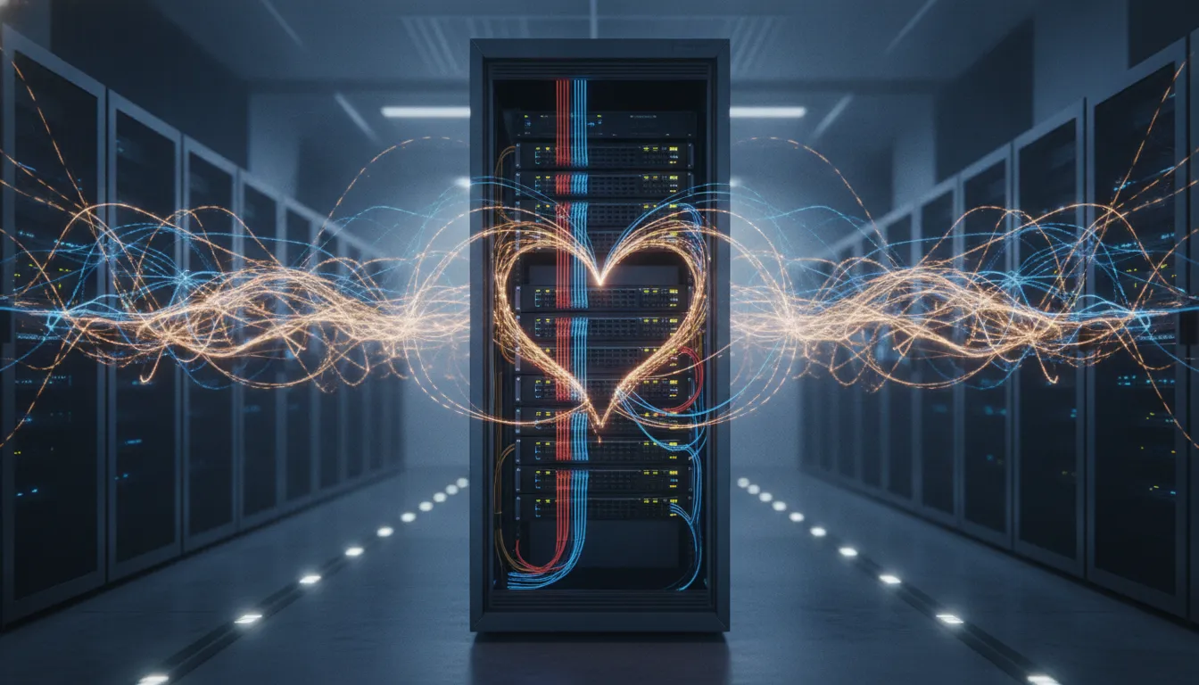 Pohled do moderní AI datové centra s optickými kabely a Ethernet přepínači znázorňujícími síť propojující akcelerátory jako celek