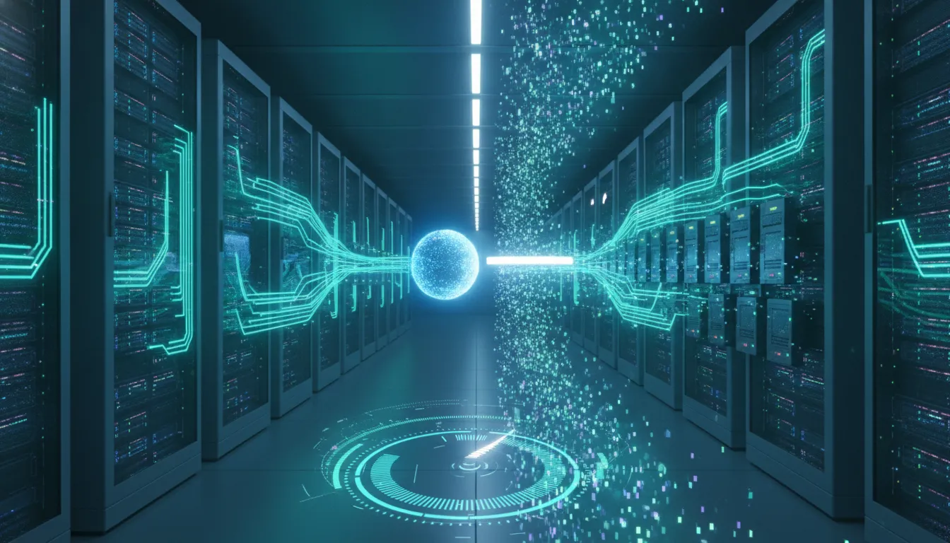 Futuristický datový park s proudy energie a datových toků, znázorňující vysokou efektivitu AI infrastruktury (tokens per second na megawatt) bez textu.