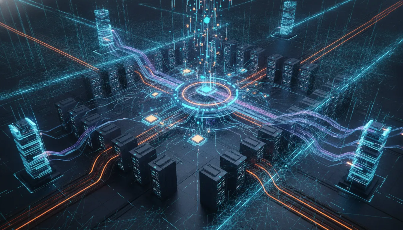 Futuristický datový center jako propojená výrobní linka pro AI továrnu s proudy dat a energií mezi čipy, sítí a úložištěm