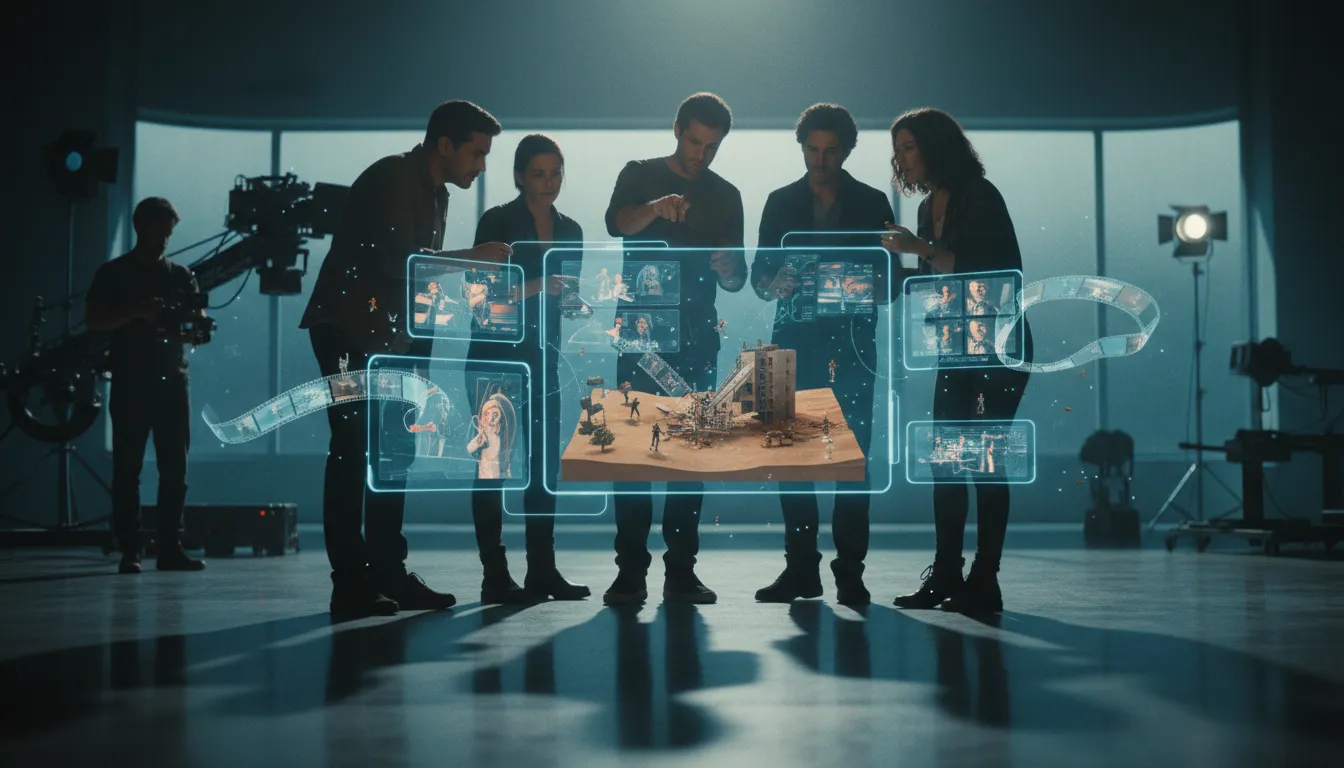 Tým filmařů v moderním ateliéru sleduje holografické storyboardy a miniatury scén generované AI, s kamerovými rigy a studiovým osvětlením — ilustrační zobrazení rychlého prototypování filmových nápadů
