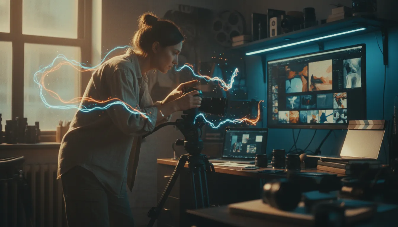 Filmařka v tvůrčím studiu upravuje kameru u obrazovky se storyboardy, kolem ní plují abstraktní světelné pásy znázorňující AI flow, zlatá hodina a filmové osvětlení