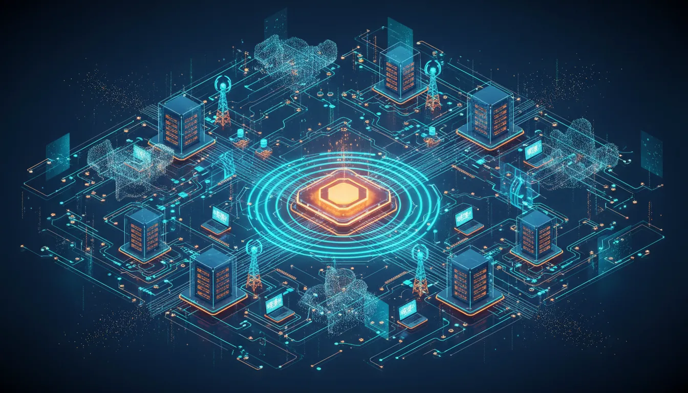 Ilustrace AI Grid: centrální orchestrátor propojený svítícími linkami s distribuovanými okrajovými uzly, datovými centry, telekomunikačními věžemi a zařízeními na geometrické síti