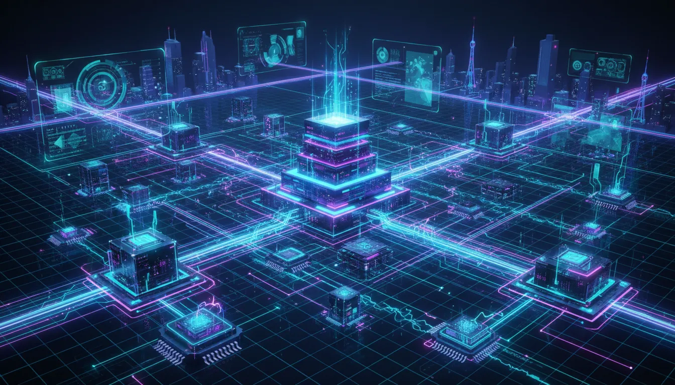 Ilustrace futuristické AI grid infrastruktury propojující datová centra, edge zařízení a síťové uzly v telekomunikacích