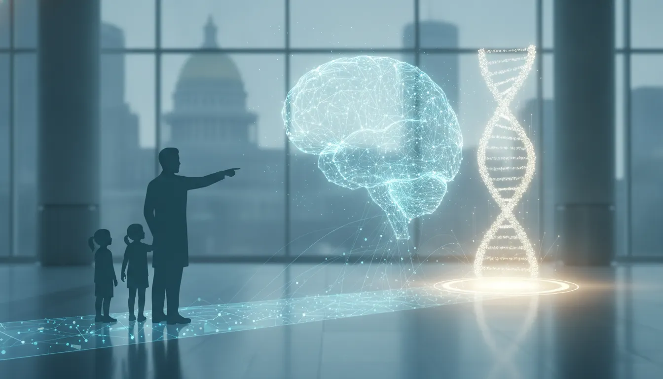 Holografické AI propojující genetické informace v nemocničním prostředí, symbolizující rychlejší diagnostiku vzácných onemocnění.