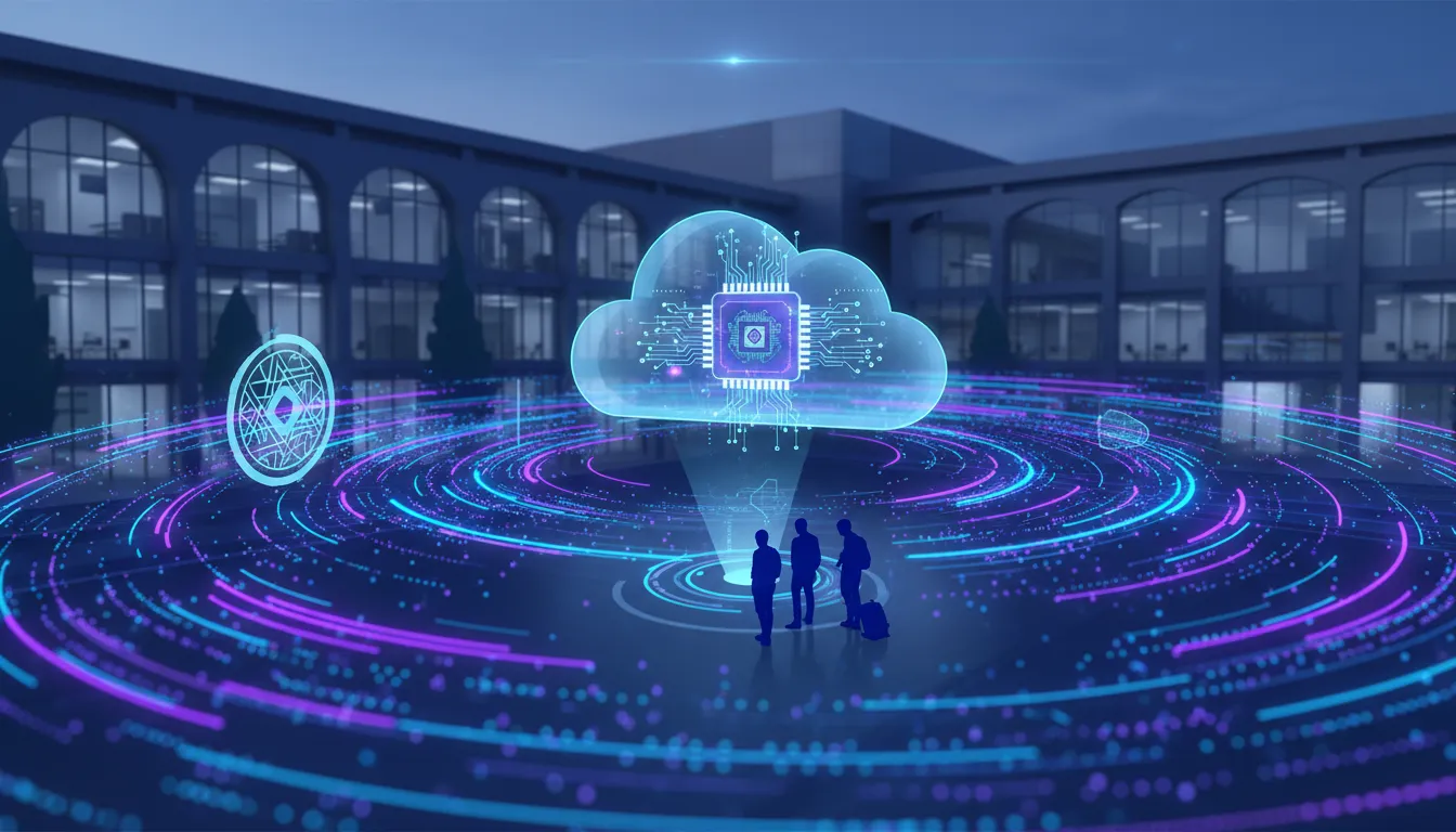 Wordless illustration of AI and HPC education at a university with cloud GPU training, holographic data connections, and a certification-style badge
