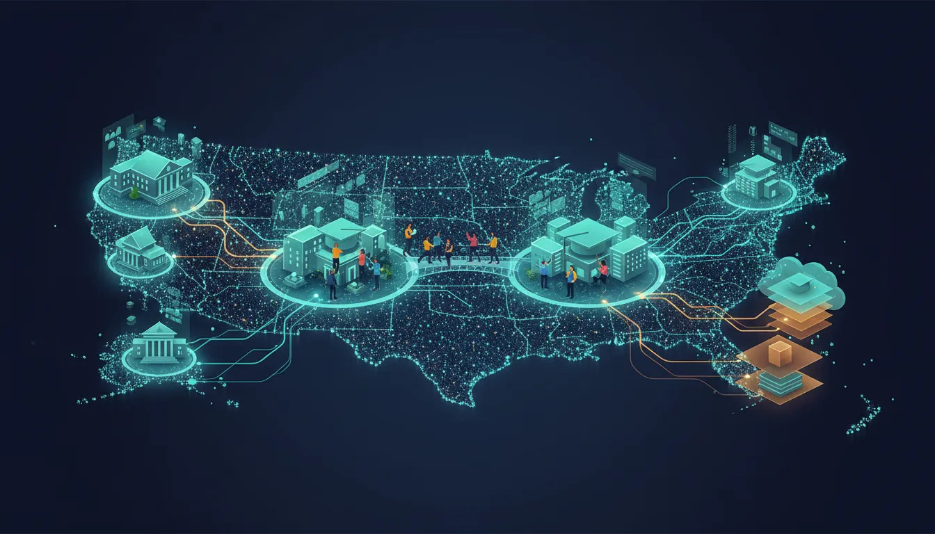 Ilustrační grafika znázorňující propojenou síť univerzit a AI infrastruktury napříč regiony, jako veřejně-soukromé partnerství bez textu.