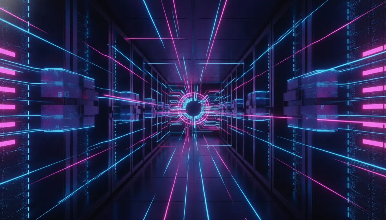 Ilustrace futuristické AI infrastruktury v datacentru se server racky a propojením mezi CPU/XPU pomocí světelných linek znázorňujících vysokorychlostní NVLink fabric.
