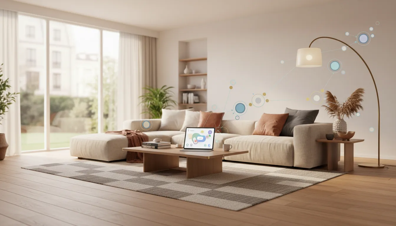 Modern living room styled as a cohesive dream design with an AI-assisted concept displayed on a tablet, shown without any words.