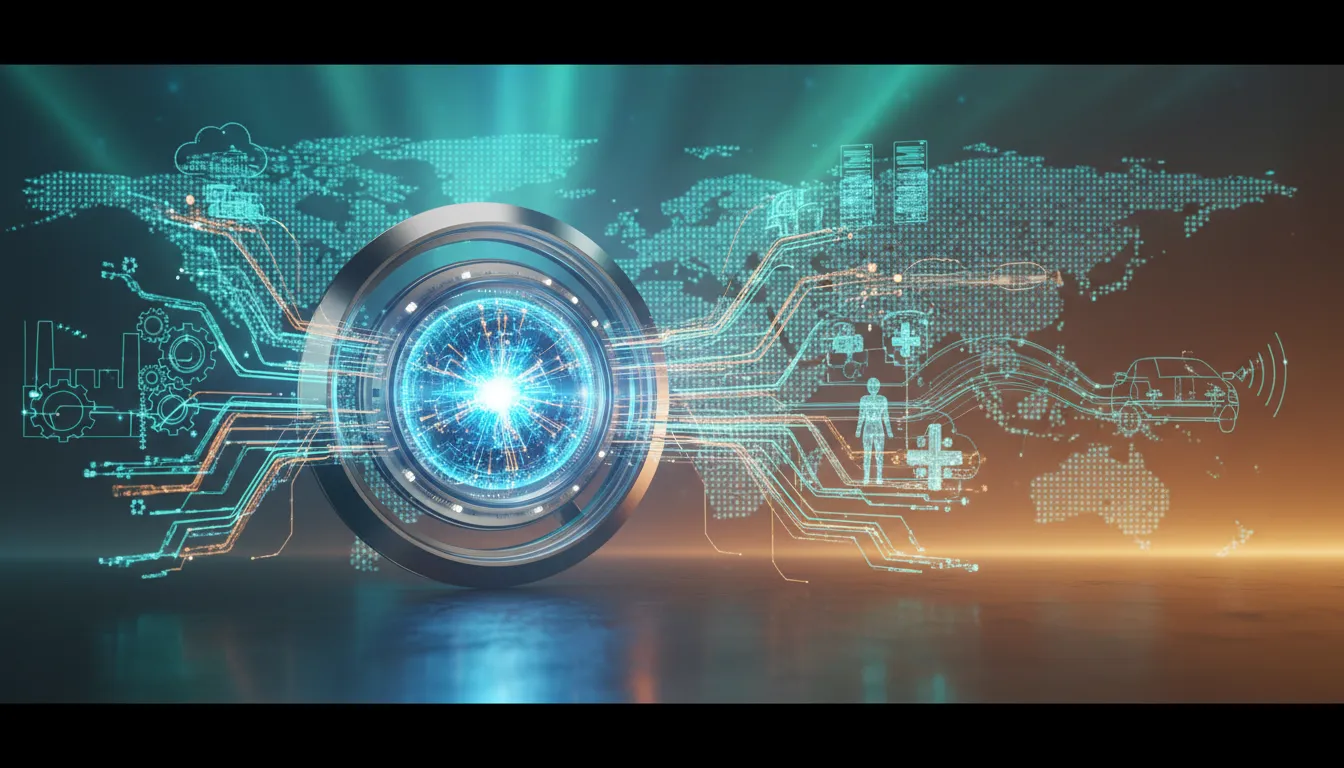 Ilustrace zobrazující futuristické AI jádro a propojenou síť akcelerovaného výpočetního systému s globálním dosahem napříč odvětvími