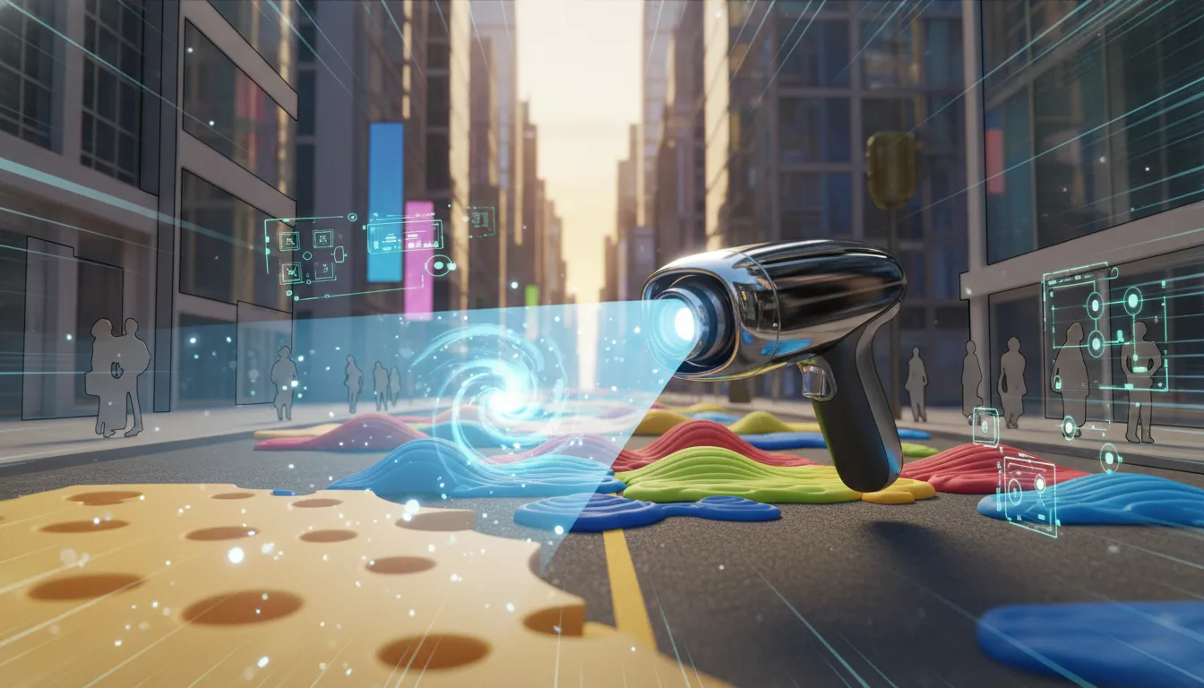 Futuristická AI kamera proměňuje městskou scénu v surrealní materiály jako sýr a plastelínu, s holografickým světelným paprskem bez textu.