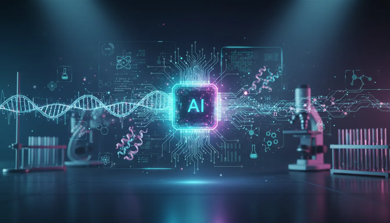 Holografická vizualizace AI propojující DNA, proteiny a biologické procesy v moderní laboratoři bez textu