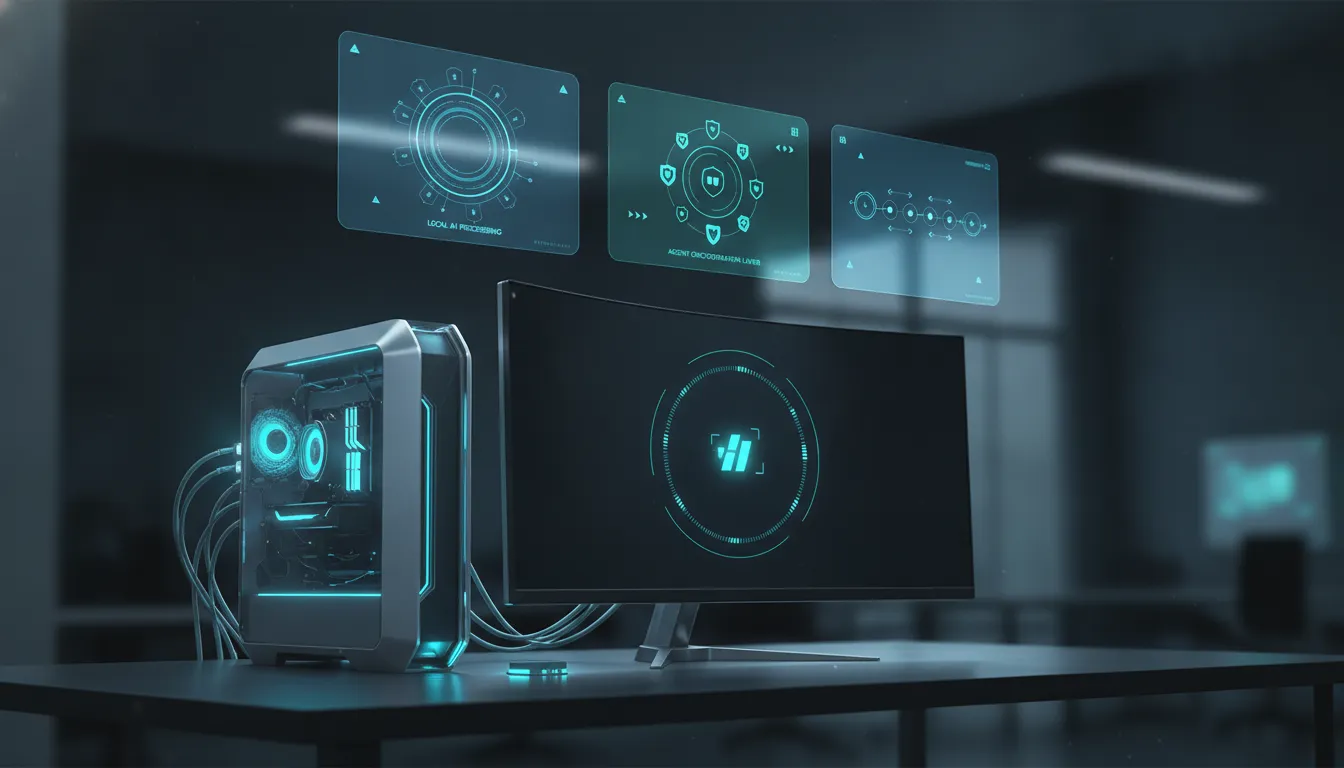 Futuristic AI workstation on a Windows desktop with holographic local model processing and connected automation nodes, no text