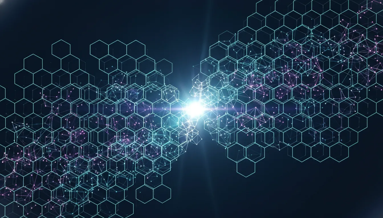 Glowing planar geometric network with subtle neural-network overlays suggesting an AI breakthrough solving a famous open mathematical problem, without any text.