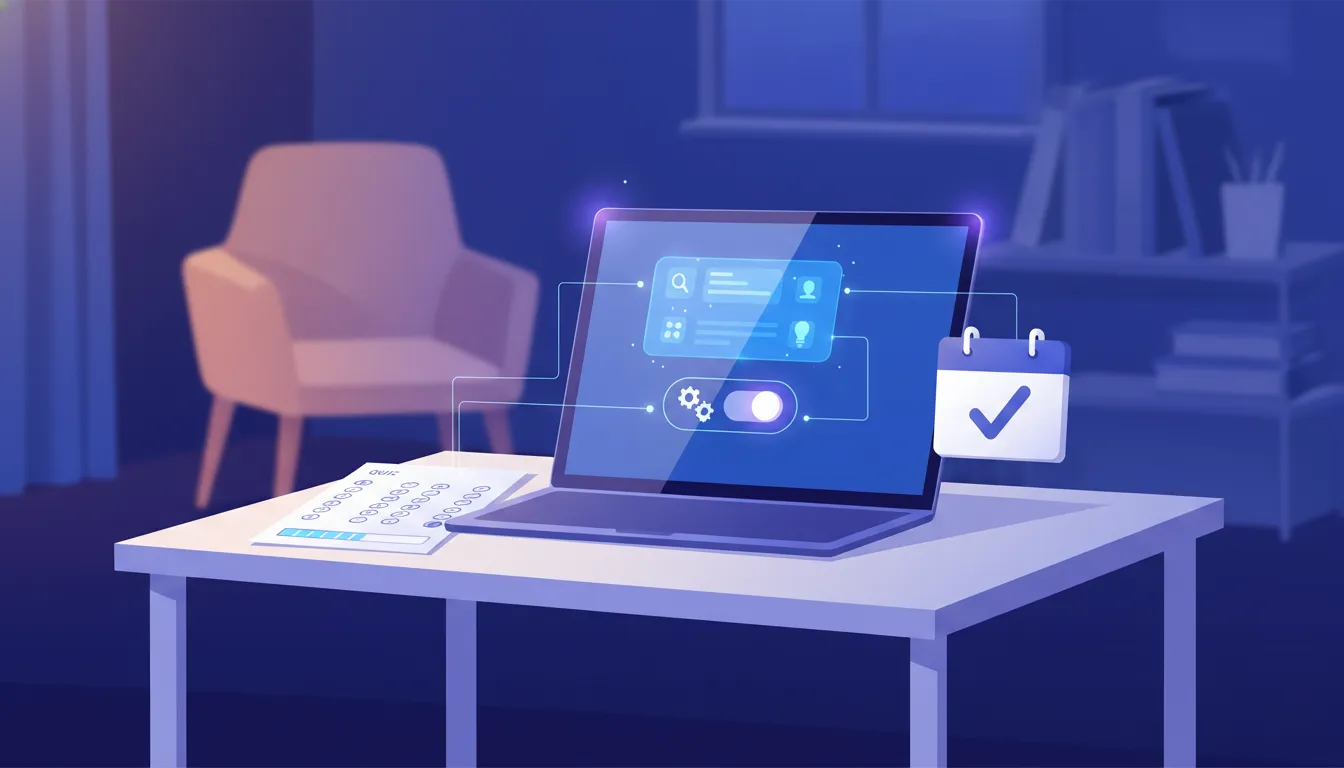 Ilustrace studenta připravujícího se na finals week na laptopu pomocí AI a vygenerovaného kvízu bez textu.