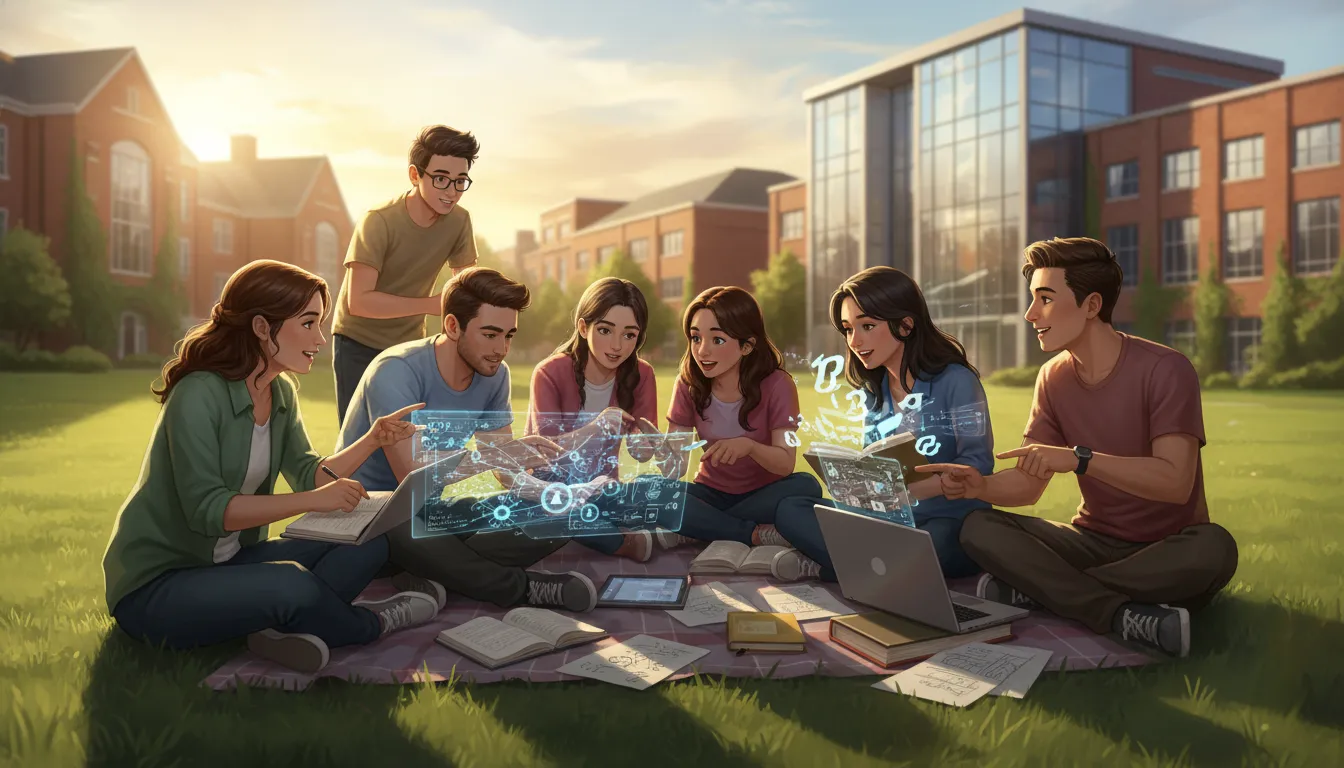 Skupina studentů na univerzitním kampusu spolupracuje u notebooků, nad nimi se vznášejí holografické AI vizualizace