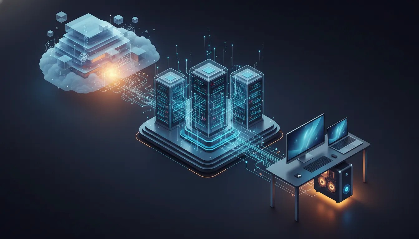 Ilustrace propojeného řetězce AI od cloudu a datacenter po moderní osobní počítač, znázorňující technologickou spolupráci a ekosystém.