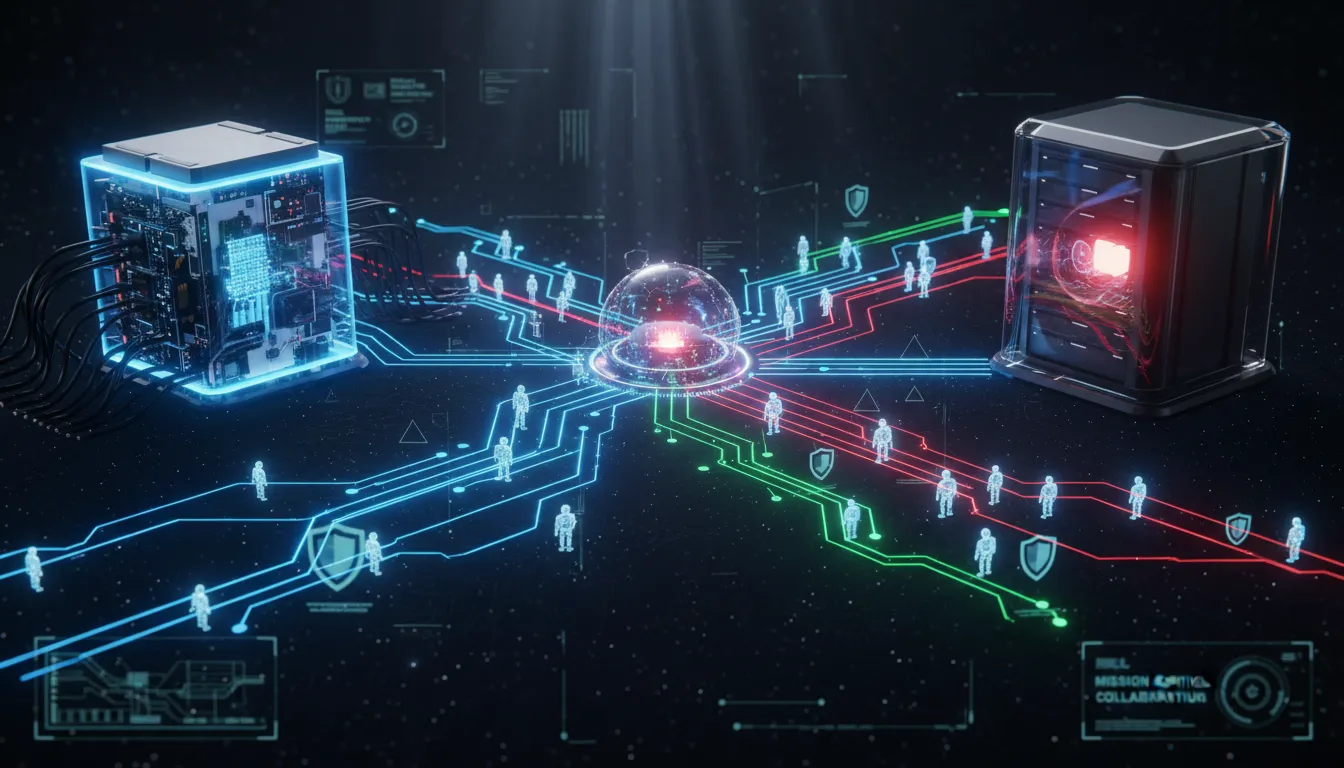 Futuristická ilustrace znázorňující kooperaci otevřených i proprietárních AI komponent, kde centrální orchestrátor propojuje několik autonomních agentů a důraz na důvěru a spolehlivost.