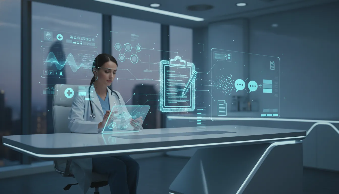 Ilustrace AI přeměňující klinickou konverzaci na strukturovanou lékařskou poznámku pomocí vizuálních prvků a propojení ikon bez textu.